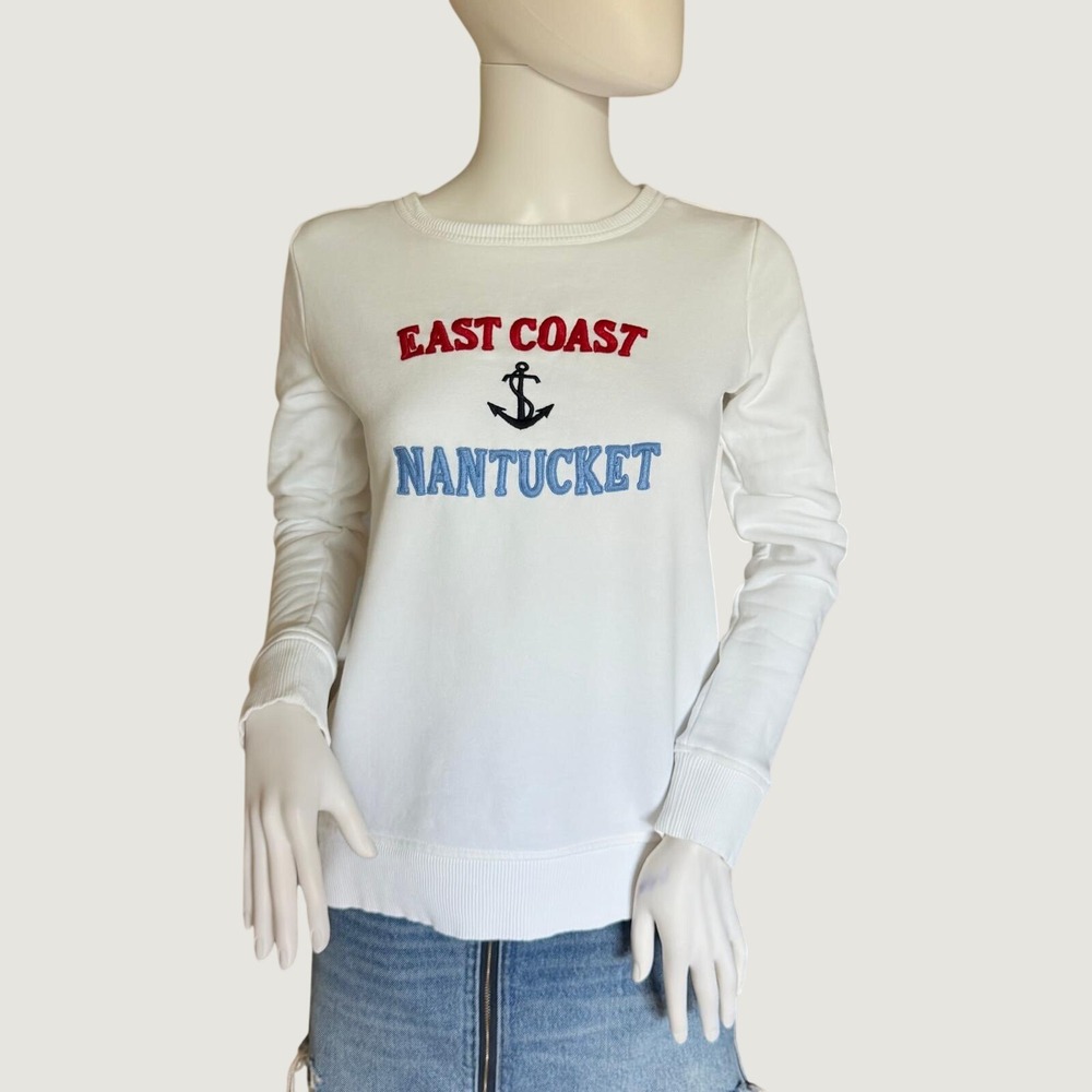 Talbots Womens East Coast Nantucket Anchor Sweatshirt White Cotton Blend Size P